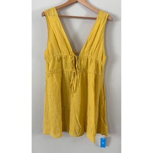 CUPSHE Women's Medium Mustard Yellow Swim Coverup Dress Bow Dual Tie Front VNeck
